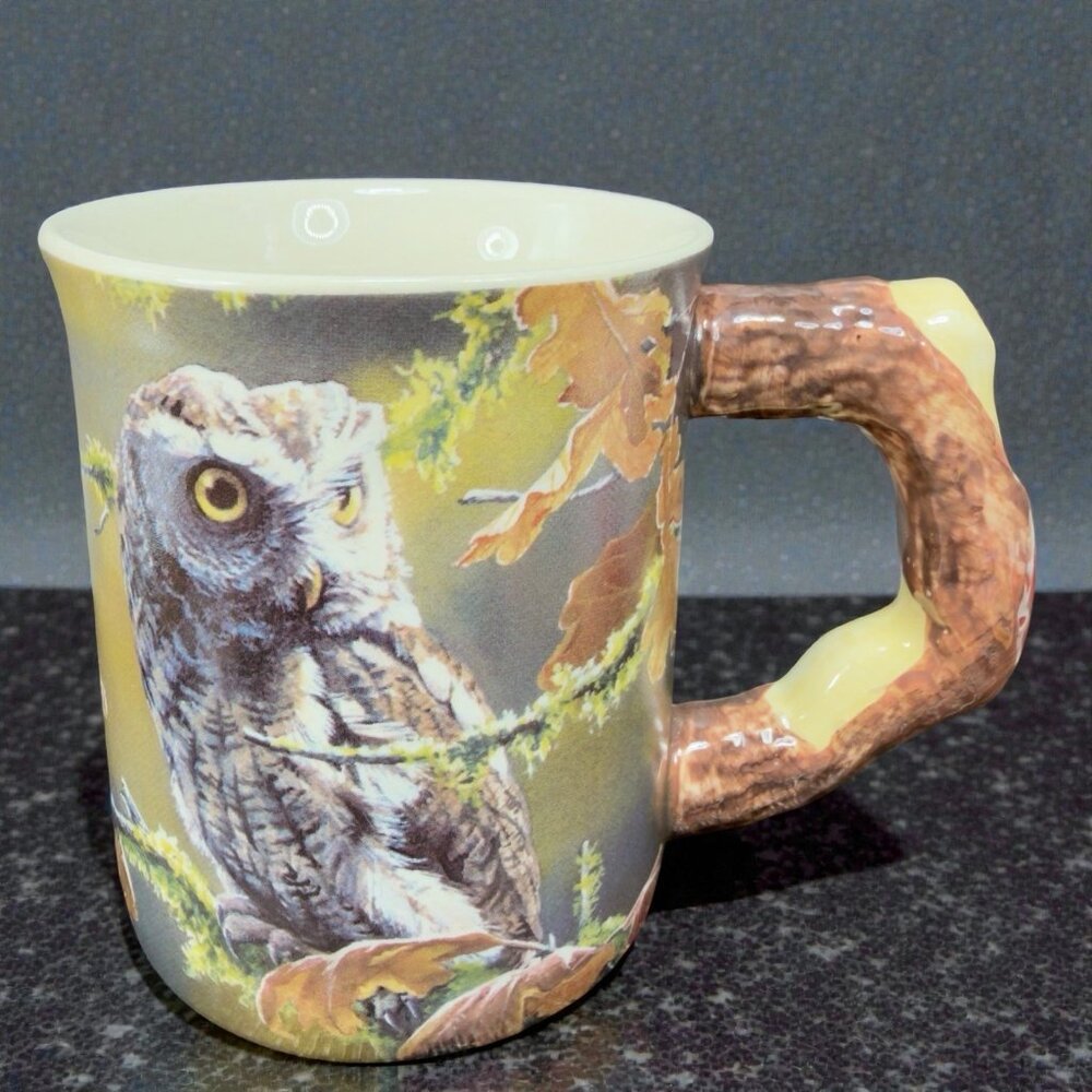 WHO GIVES A HOOT OWL Coffee Mug Cup by Susan Bourdet Ceramic Raised Wild Wings
